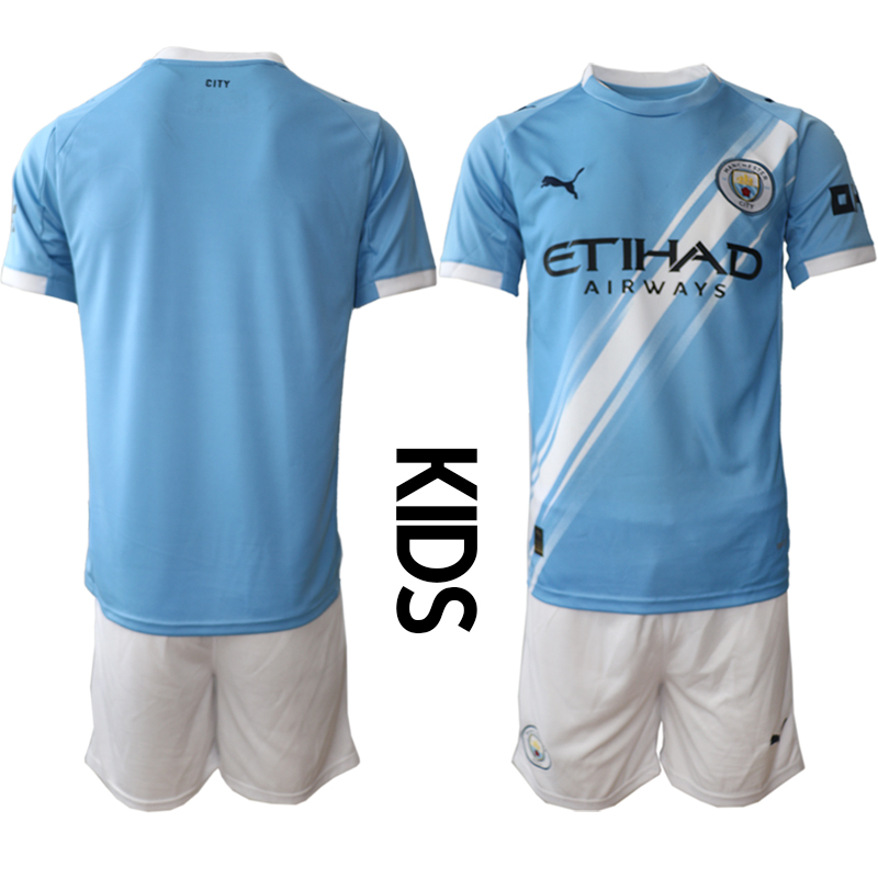 Youth 2025-2026 Club Manchester City home Light Blue Blank Soccer Jersey